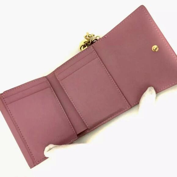 Authentic Christian Dior Cannage Leather Compact Trifold Wallet W/ Charm Pink - Picture 5 of 9